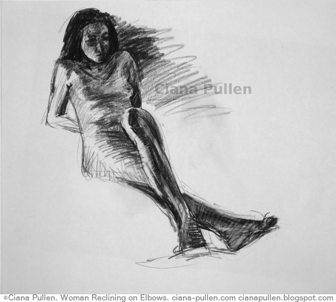 Woman Reclining on Elbows, Drawing from 2012 by Ciana Pullen; Dimensions: 18 inches × 24 inches × 0 inch; Materials: Charcoal on Paper; Description:  © Ciana Pullen 2012