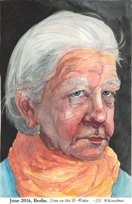 Old Woman on UBahn, Painting from 2016 by Ciana Pullen; Dimensions: 8 inches × 10 inches × 0 inch; Materials: Watercolor on Paper; Description: Signed as St. Rhinocéros © Ciana Pullen 2016