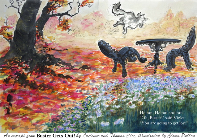 Buster 19-20, Painting from 2015 by Ciana Pullen; Dimensions: 17 inches × 11 inches × 0 inch; Materials: Watercolor on Paper; Description: A page spread from the children's book Buster Gets Out, by Lucienne Potterfield Stec and Thomas Stec, illustrated by Ciana Pullen. Available via [The Bookpatch](http://www.thebookpatch.com/BookStore/buster-gets-out/04a9a029-81fc-40e5-a428-d67cc0991fc7?isbn=9780692535677), [Potterfields on Etsy](https://www.etsy.com/shop/Potterfields?ref=l2-shopheader-name) and [Ciana Pullen on Etsy](https://www.etsy.com/shop/CianaPullen). © Ciana Pullen 2015