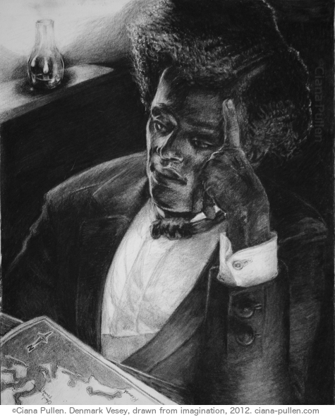 Denmark Vesey, Drawing from 2012 by Ciana Pullen; Dimensions: 16 inches × 20 inches × 0 inch; Materials: Charcoal on Paper; Description: When I ran across Denmark Vessey in local Charleston history, I had a chance to really delve into researching this relatively little-known figure of staggering historical importance. Sold as a teen to a Caribbean slave trader, he was taken on as an informal apprentice and friend. He learned to read and write and navigate at sea. When his owner settled in Charleston, Vessey happened to win a street lottery and used it to purchase his own freedom. Just as the nation's first Black congregations were forming in the North, Vessey helped to found one of the earliest Black churches in the South, in open resistance to White Protestant authority. He became the most notorious figure in the US when, in 1821, he was put on trial for orchestrating what would have been the largest slave uprising in US history. Had three slaves not informed authorities just days before the uprising was planned, an estimated 10,000 slaves and Black people would allegedly have marched through Charleston, killing White people and setting fire to the city, before sailing to freedom in Haiti, which had recently caught the world's attention when a slave rebellion successfully demolished white colonial rule. Driven by fear of a spreading spirit of global slave revolt, Charleston authorites kept all aspects of the trial secret, erasing as all images and legacy of Vessey. His church was closed, but re-opened and still exists today. Tragically, Emanuel AME church made headlines again in 2014 when it was targeted by a white supremacist who murdered 6 congregants during a service on the aniversary of Vessey's would-be uprising. His trial and execution forever changed the course of slavery legislation and free Black society. Since no images of Vessey remain, this portrait is how I imagine he may have looked. For the full story of this fascinating man and a snapshot of a bizarre time in Charlestonian society, please read the full essay I've written [here](http://cianapullen.blogspot.de/2014/02/denmark-vesey-born-telemaque.html?utm_source=BP_featured). © Ciana Pullen 2012