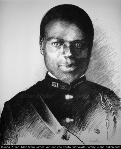 Man From James Van der Zee Photo, Drawing from 2011 by Ciana Pullen; Dimensions: 16 inches × 20 inches × 0 inch; Materials: Charcoal on Paper; Description: This unknown young man I singled out and drew from a family portrait taken by James Van Der Zee in the 1920s. Van Der Zee set up a photography studio in Harlem during the “Harlem Renaissance,” and captured an incredible slice of life, as well as important figures of the day. From what I can find, this family has been noted only as a “Garveyite family,” meaning they were involved with a major African American (and international) social movement inspired by the writing of Marcus Garvey popular in the early 20th century, who placed an emphasis on improving the standing of black people collectively through individual and community educational and cultural empowerment. © Ciana Pullen 2011