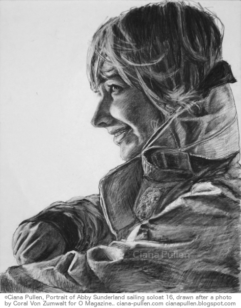 Portrait of Abby Sunderland, Drawing from 2012 by Ciana Pullen; Dimensions: 16 inches × 20 inches × 0 inch; Materials: Charcoal on Paper; Description: Abby Sunderland, a teenager who attempted to break the record for youngest person to circumnavigate the globe by sailboat. Her boat suffered extreme damage in a remote part of the Indian Ocean in a late leg of the journey and she was rescued after several days stranded at sea with no radio contact. Portrait drawn from an O magazine profile photograph by Coral Von Zumwalt. © Ciana Pullen 2012