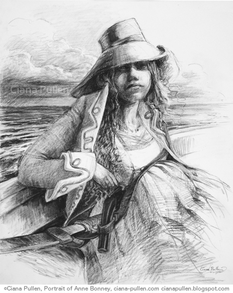 Portrait of Anne Bonney, Drawing from 2012 by Ciana Pullen; Dimensions: 16 inches × 20 inches × 0 inch; Materials: Charcoal on Paper; Description: Caribbean pirate Anne Bonney (1702-1782) and her lover Mary Read were captured while defending their ship, while pregnant. In the gallows Bonney said to the ship's captain "Calico Jack" Rackham: she was "sorry to see him there, but if he had fought like a Man, he need not have been hang'd like a Dog." She escaped execution due to pregnancy, then settled into married family life like nothing had ever happened. Little is know of her appearance, so this is an imagined portrait. © Ciana Pullen 2012