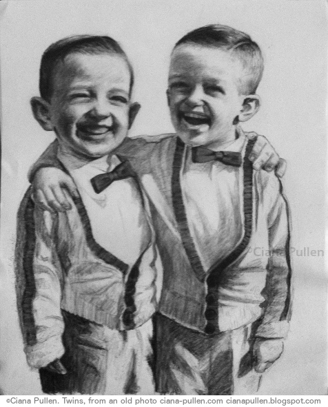 Portrait of Twins, Drawing from 2012 by Ciana Pullen; Dimensions: 16 inches × 20 inches × 0 inch; Materials: Charcoal on Paper; Description: Drawn from a vintage photograph. © Ciana Pullen 2012