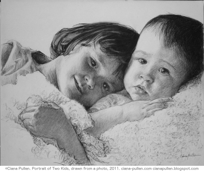 Portrait of Two Kids, Drawing from 2011 by Ciana Pullen; Dimensions: 16 inches × 20 inches × 0 inch; Materials: Charcoal on Paper; Description: Drawn from a photograph. © Ciana Pullen 2011