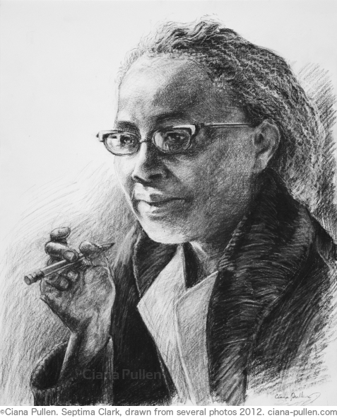 Septima Clark, Drawing from 2012 by Ciana Pullen; Dimensions: 16 inches × 20 inches × 0 inch; Materials: Charcoal on Paper; Description: Civil rights legend Septima Poinsette Clark (1898 – 1987) began as a teacher in a small African American school on Johns Island near Charleston, SC. Because she was black she was not allowed to teach in Charleston, but while teaching in Johns Island she developed ways of using everyday materials such as catalogs to teach literacy. Outraged by massive discrepencies in pay and supplies for Black teachers and schools, Clark sued and won an important legal victory for Black educators to be eligible to be principals in any Charleston public school. In the extreme backlash that followed she was fired and ostracized by whites and apprehensive fellow Black educators. Because Jim Crow laws prevented illiterate citizens from voting, Clark began organizing short 1- and 2-week courses that were designed to be taught with minimal resources, often hidden in back rooms of shops because of the threat of racial violence, with the goal of passing voting literacy tests and setting foundations for communities to further their own learning. By 1969 Clark's program helped to register over 700,000 people to vote, including Rosa Parks just months before the famous Montgomery Bus Boycott. Clark became the first woman appointed a leadership position in the Southern Christian Leadership Conference, but she would struggle with sexism from within the civil rights movement, speaking out against it and retiring from the organization in 1970. She then sued for back payment and pensions from her job with the Charleston Public School System and won, going on to serve two terms on the Charleston County School Board. She was awarded a Living Legacy Award by President Jimmy Carter in 1979. Portrait drawn from several photographs. © Ciana Pullen 2012
