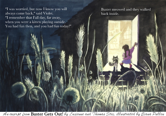 Buster 31-32, Painting from 2015 by Ciana Pullen; Dimensions: 17 inches × 11 inches × 0 inch; Materials: Watercolor on Paper; Description: A page spread from the children's book Buster Gets Out, by Lucienne Potterfield Stec and Thomas Stec, illustrated by Ciana Pullen. Available via [The Bookpatch] (http://www.thebookpatch.com/BookStore/buster-gets-out/04a9a029-81fc-40e5-a428-d67cc0991fc7?isbn=9780692535677), [Potterfields on Etsy] (https://www.etsy.com/shop/Potterfields?ref=l2-shopheader-name) and [Ciana Pullen on Etsy] (https://www.etsy.com/shop/CianaPullen). © Ciana Pullen 2015
