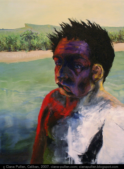 Caliban, Painting from 2007 by Ciana Pullen; Dimensions: 18 inches × 24 inches × 1 inch; Materials: Acrylic on Canvas; Description: Caliban, from The Tempest by Shakespeare, was a man who lived on a deserted island. He was described as somehow monstrous, but he's a very ambiguous character. Some postmodern criticisms speculate that he is meant to be an expression of nonwhite race. © Ciana Pullen 2007