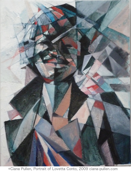 Portrait of Lovetta Conto, Painting from 2009 by Ciana Pullen; Dimensions: 16 inches × 20 inches × .5 inch; Materials: Acrylic on Canvas board; Description: Portrait painted from a profile in O Magazine. Lovetta Conto is a Liberian refugee who, when she was only 16, founded a jewelry company called Akawelle. The jewelry is made from spent bullet casings and the proceeds go to fund the Strongheart Fellowship Program, which works with young people from challenging backgrounds to effect global social change. © Ciana Pullen 2009